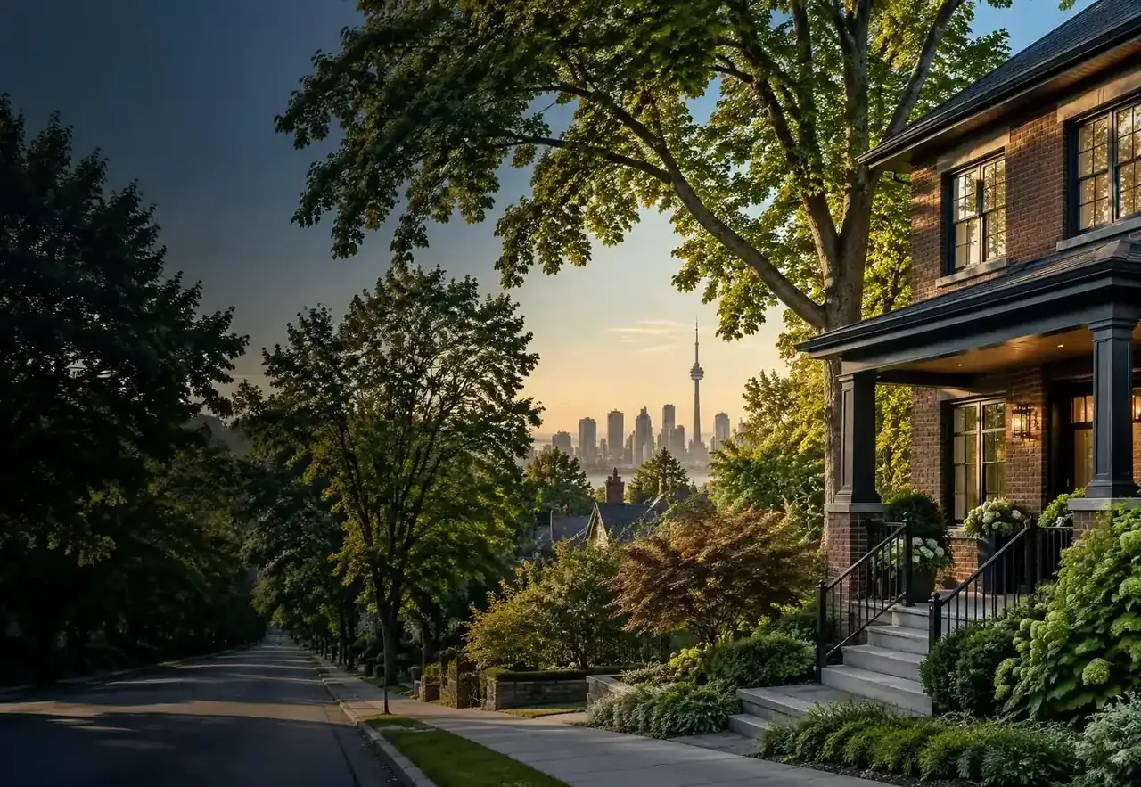 Toronto residential street with a brick home and the CN Tower in the distance